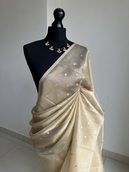 Statement handmade cream gold soft tissue saree with unstitched blouse. Gold buti pola dot wedding saree. Unique saree look for events