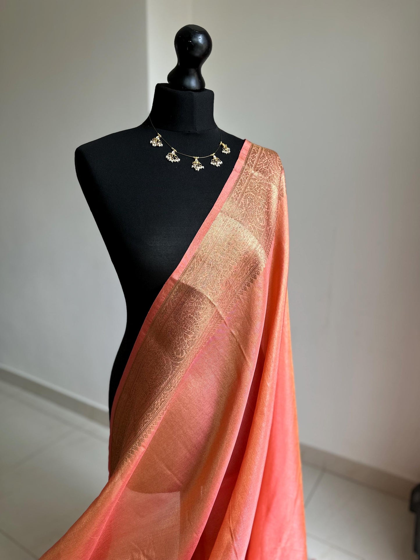Statement handmade peach coral soft tissue saree with  unstitched blouse. Gold and peach wedding saree. Unique saree look for events