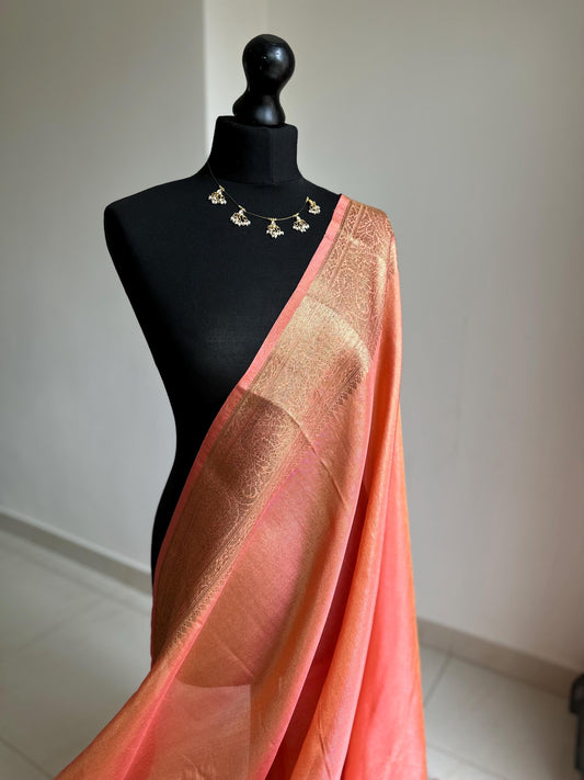 Statement handmade peach coral soft tissue saree with  unstitched blouse. Gold and peach wedding saree. Unique saree look for events