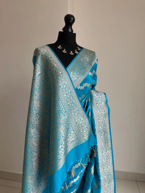Peacock Blue Banarasi Silk Wedding Saree with Silver Zari