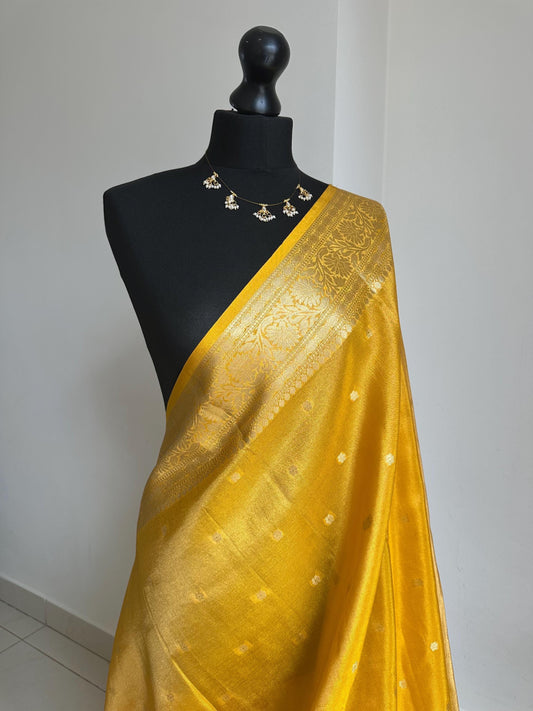Statement handmade yellow soft tissue saree with  unstitched blouse. Golden yellow wedding saree. Unique saree look for events