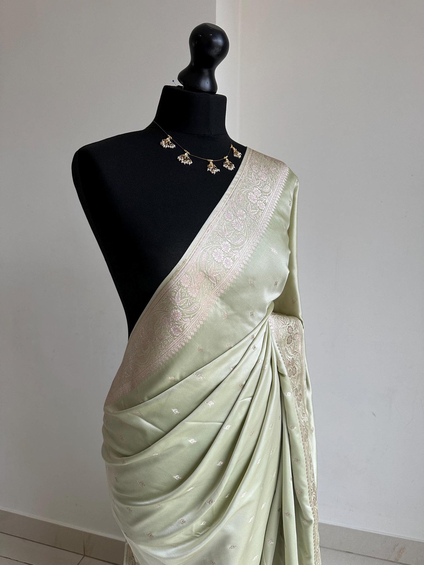 Banarasi silk sage green wedding saree with gold Zari. Champagne gold zari on traditional saree  with plain contrast unstitched blouse