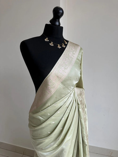 Sage Green Banarasi Silk Saree with Champagne Gold Zari