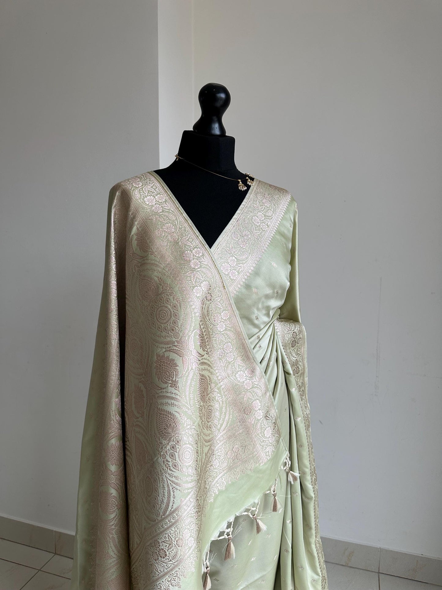 Banarasi silk sage green wedding saree with gold Zari. Champagne gold zari on traditional saree  with plain contrast unstitched blouse