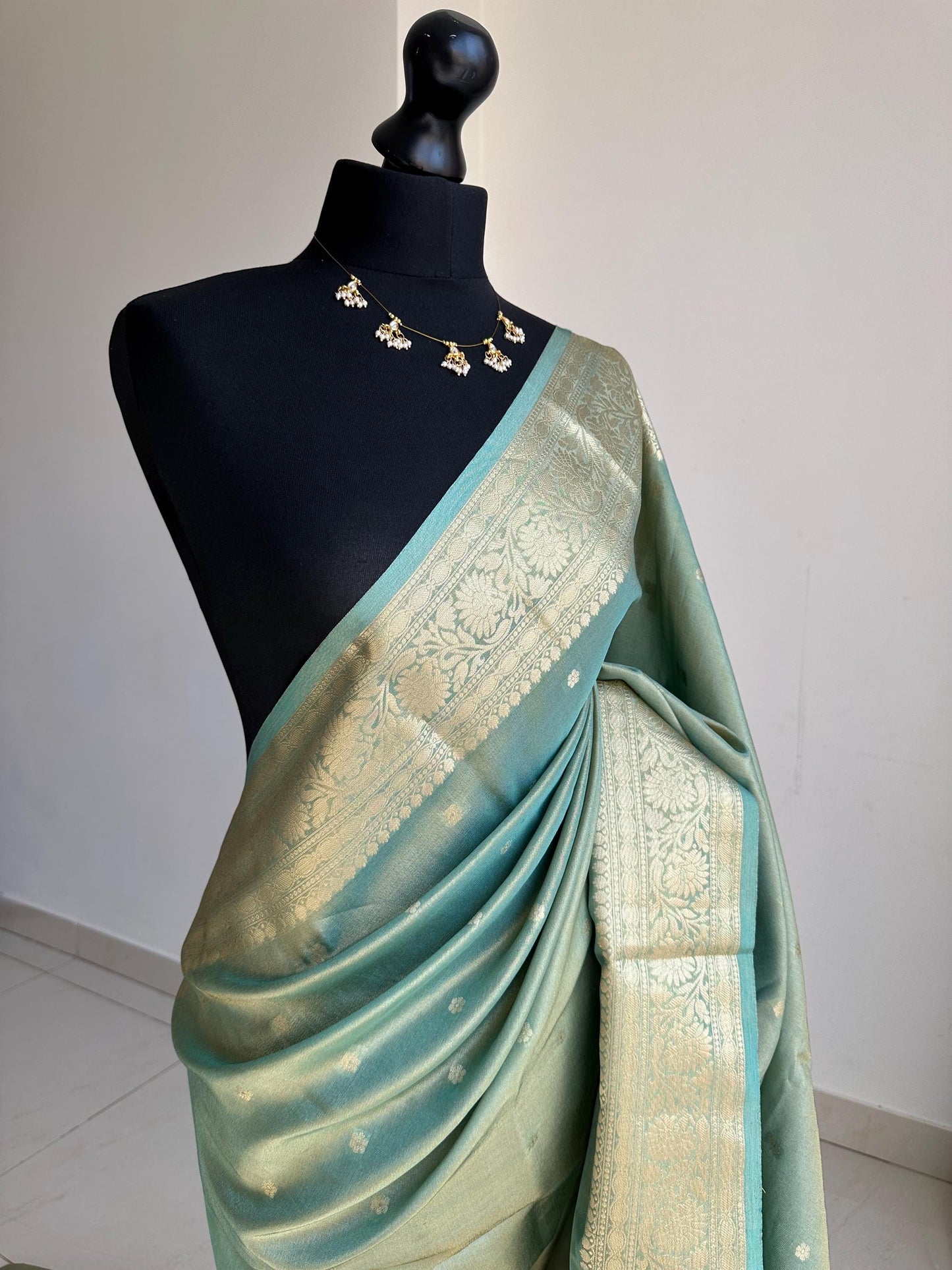 Teal Floral Border Tissue Saree - Sea Green Wedding Saree