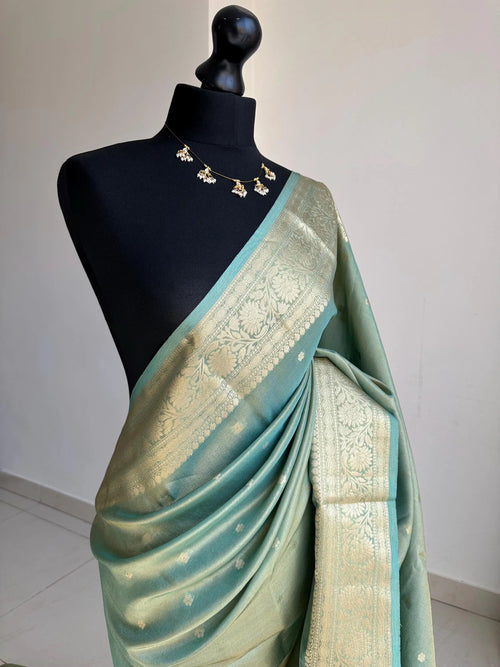 Sea Green Tissue Saree with Teal Floral Border
