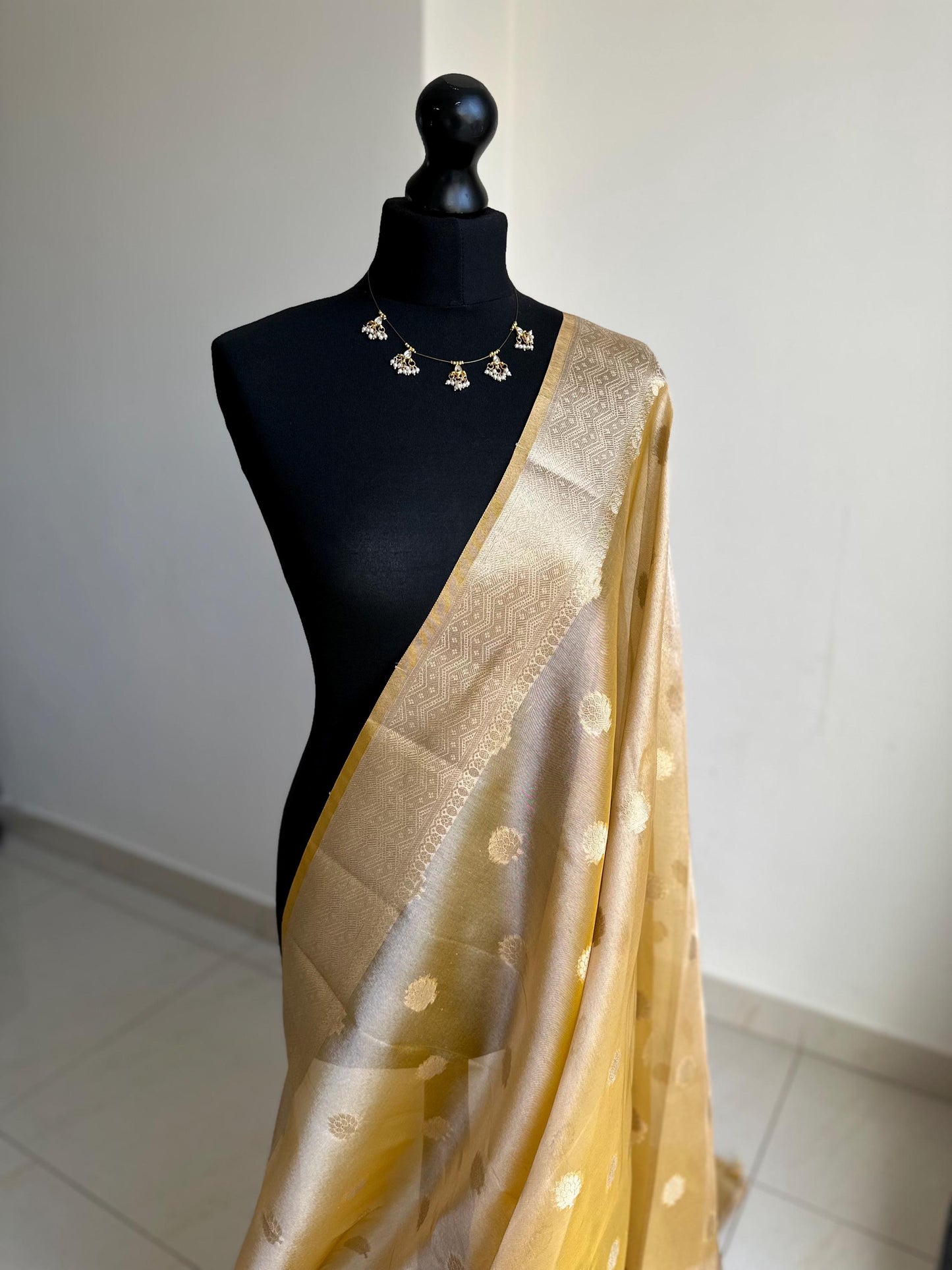 Statement handmade yellow gold soft tissue saree with unstitched blouse. Golden yellow wedding saree. Unique saree look for events