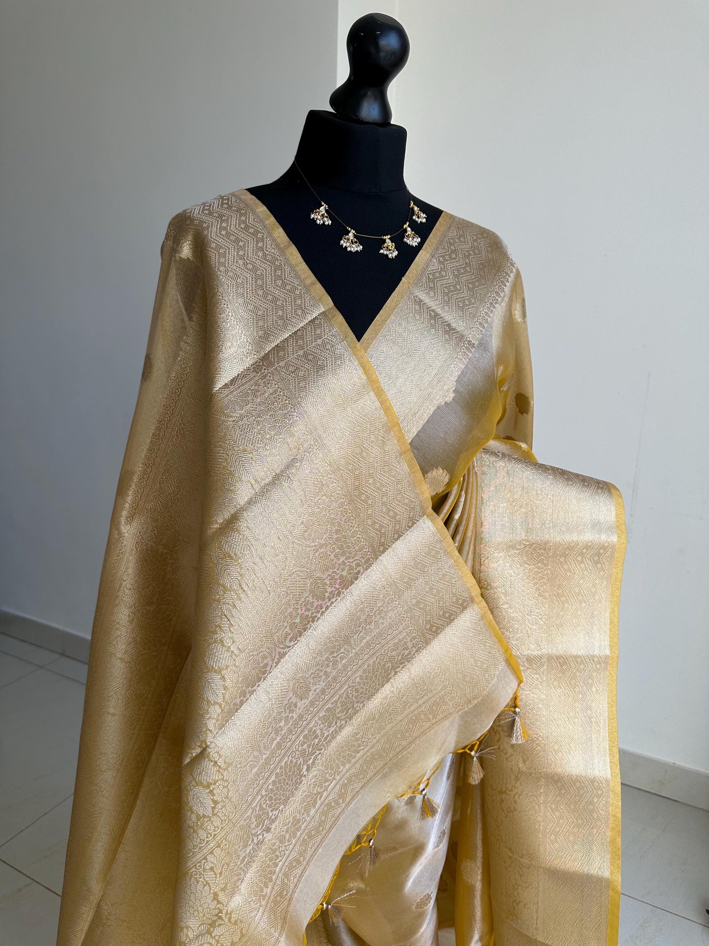 Statement handmade yellow gold soft tissue saree with unstitched blouse. Golden yellow wedding saree. Unique saree look for events
