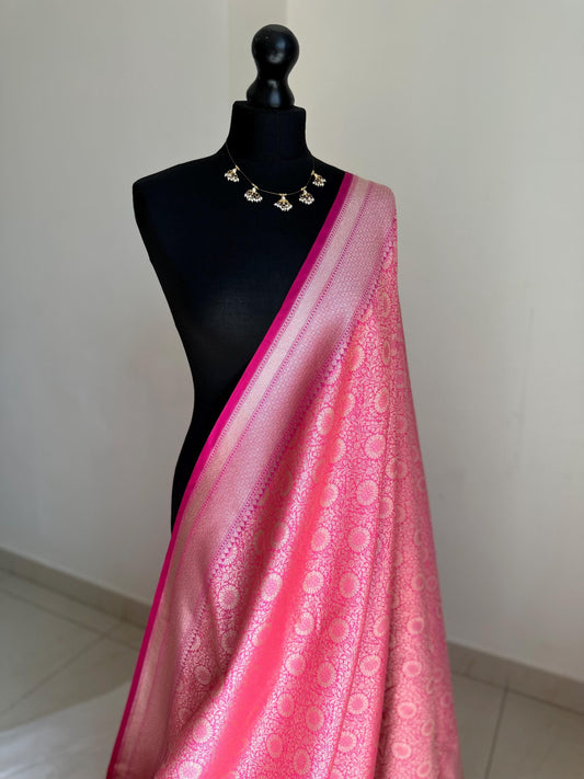 Pink semi silk saree with gold jacquard weave. Indian wedding saree festive banarasi style sari traditional ethnic wear for women