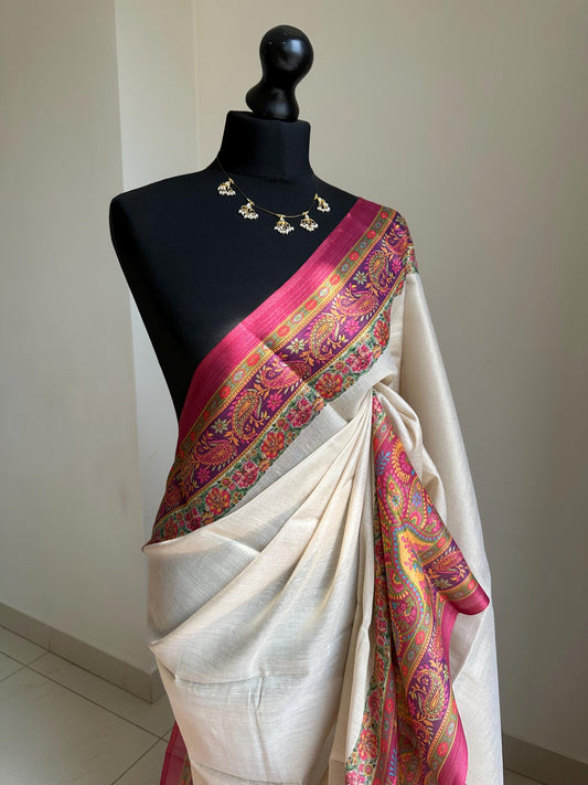 Semi chanderi silk saree in cream with magenta floral border, elegant Indian sari for wedding, festive, party and bridal wear