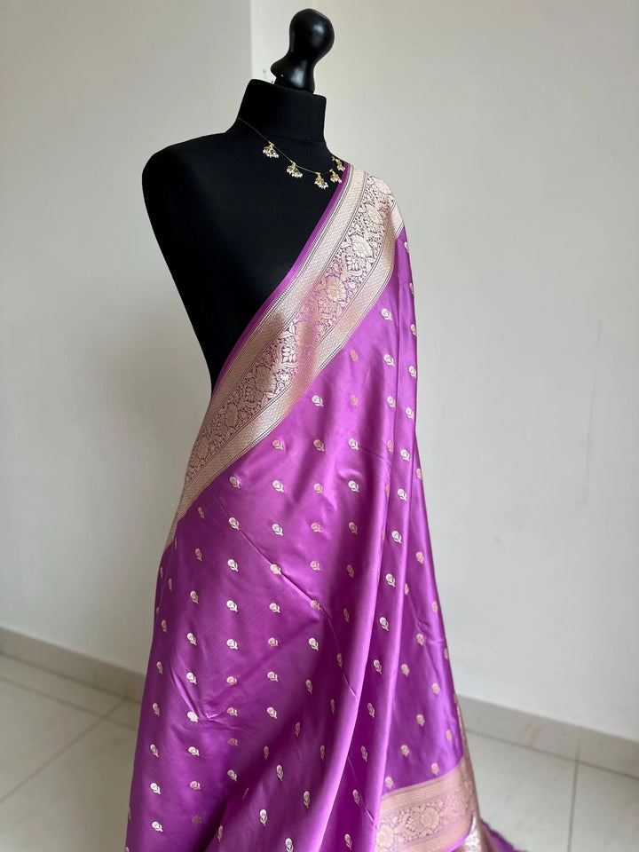 Banarasi silk lavender wedding saree with gold zari. Gold and lavender silk traditional saree with plain contrast blouse with border LaiLai Sarees