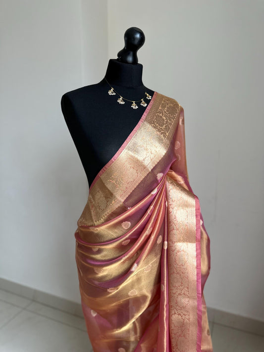 Pink Gold Tissue Saree: Soft Glass, Unstitched Blouse, Wedding Events