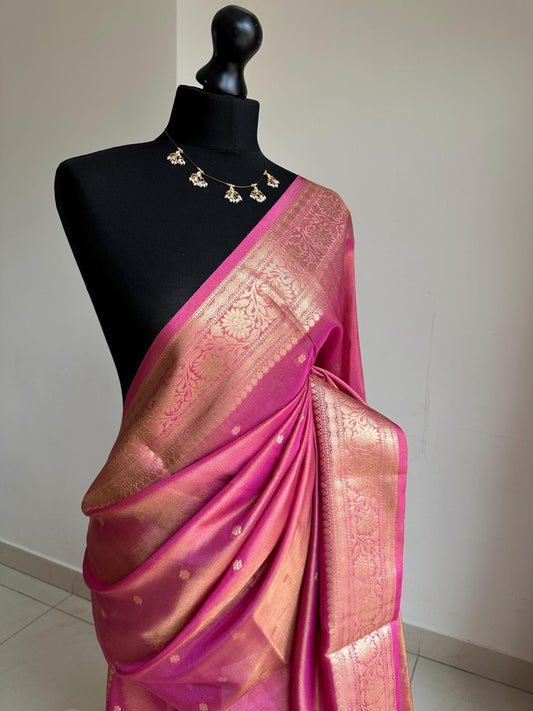 Statement handmade pink soft tissue saree with  unstitched blouse. Gold and pink wedding saree. Unique saree look for events