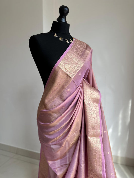 Statement handmade mauve soft tissue saree with unstitched blouse. Gold and pink wedding saree. Unique saree look for events