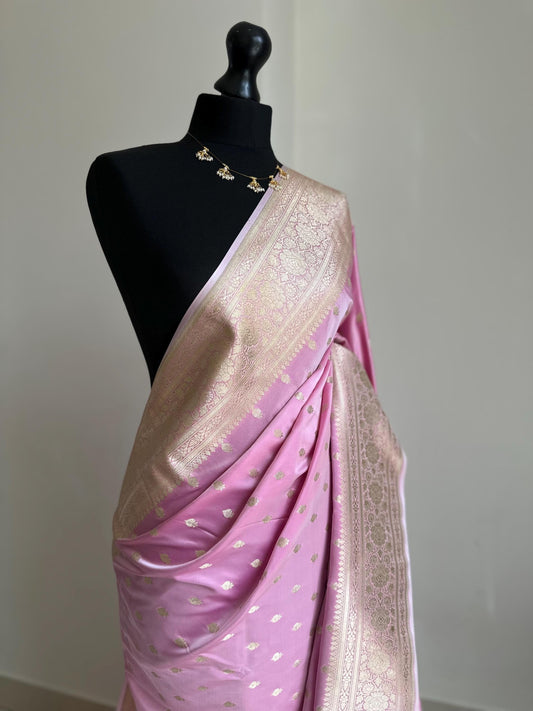 Banarasi silk soft pink wedding saree with gold zari. Gold and baby pink silk traditional saree with plain contrast blouse with border