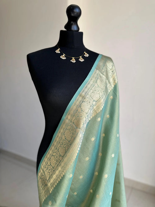 Sea Green Tissue Saree with Teal Floral Border