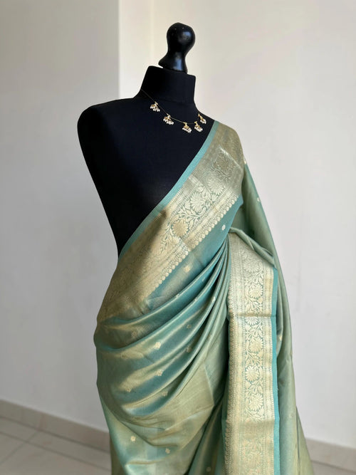 Sea Green Tissue Saree with Teal Floral Border