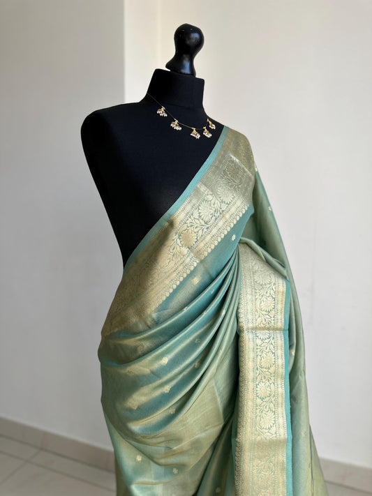 Teal Floral Border Tissue Saree - Sea Green Wedding Saree