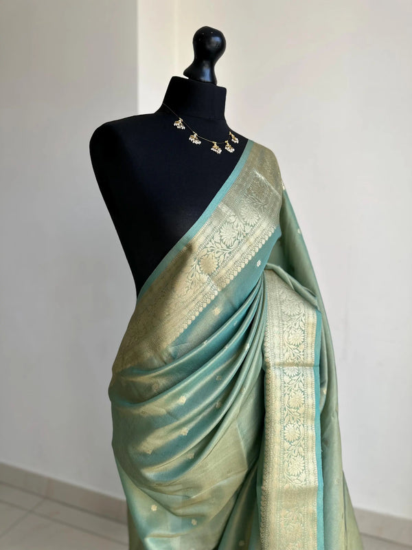 Teal Floral Border Tissue Saree - Sea Green Wedding Saree LaiLai Sarees