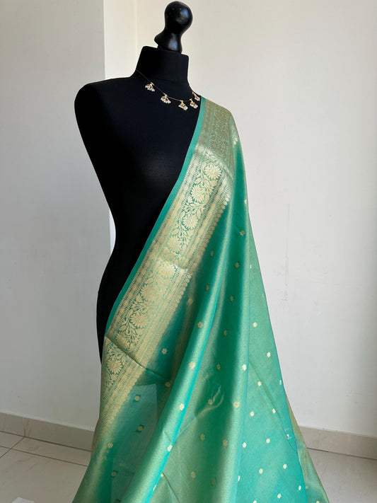 Sea green dual toned shimmer soft tissue saree with border and unstitched blouse. Statement tissue saree for wedding events