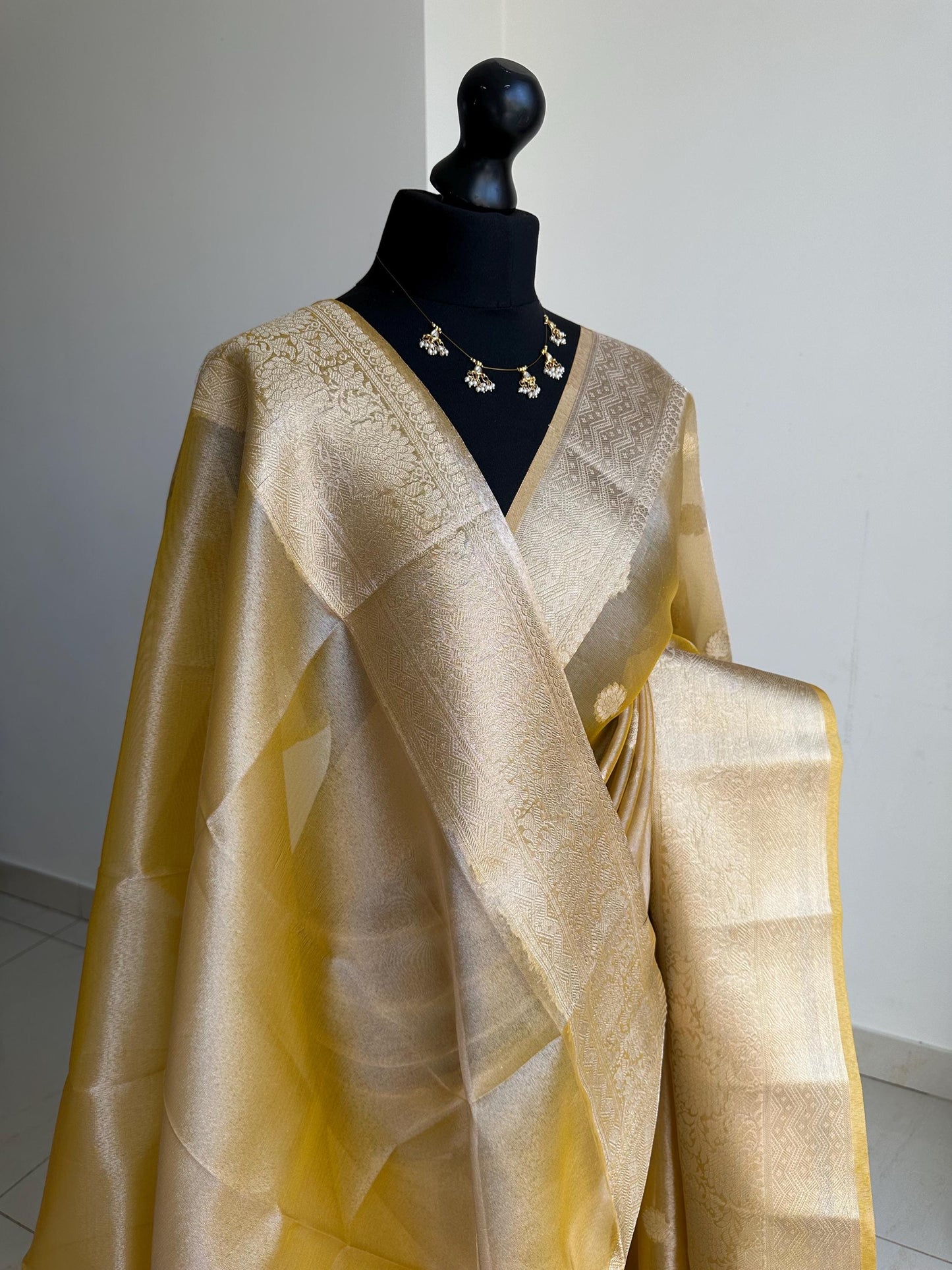 Statement handmade yellow gold soft tissue saree with unstitched blouse. Golden yellow wedding saree. Unique saree look for events