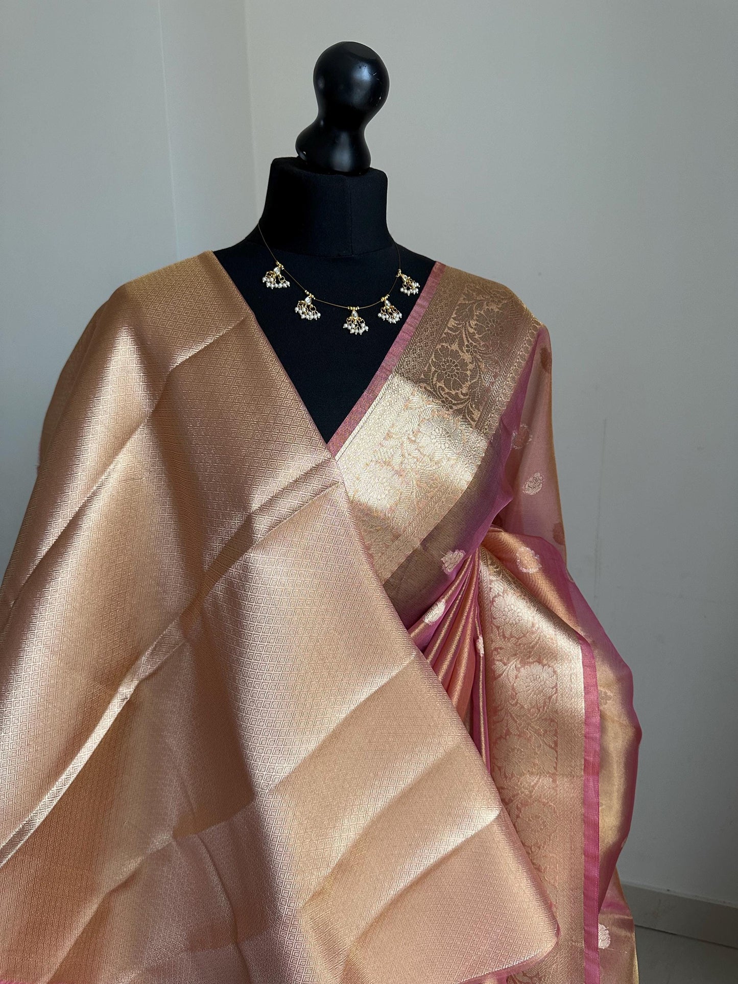 Pink Gold Tissue Saree: Soft Glass, Unstitched Blouse, Wedding Events