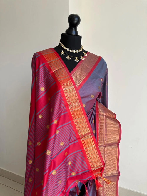 Dusky Blue Grey Semi Silk Saree with Maroon Border