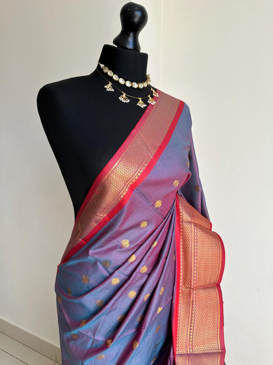 Dusky blue grey semi silk saree with maroon trim and gold zari border. Traditional designer saree beautiful colour and design.