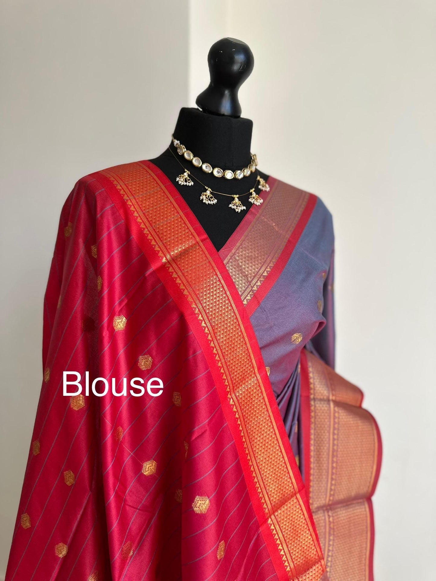 Dusky blue grey semi silk saree with maroon trim and gold zari border. Traditional designer saree beautiful colour and design.