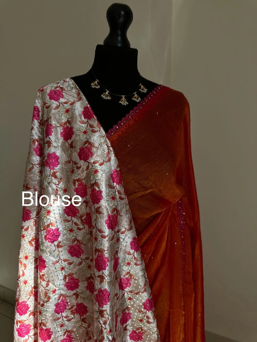 Dual-Tone Coral Chiffon Saree with Pink Trim Border