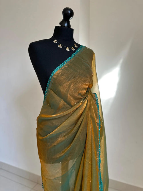 Dual-Tone Olive Green Chiffon Saree with Printed Blouse