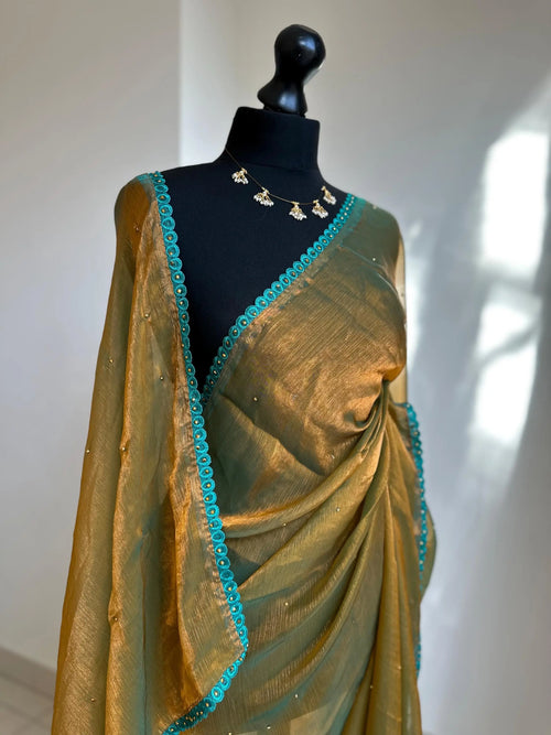 Dual-Tone Olive Green Chiffon Saree with Printed Blouse