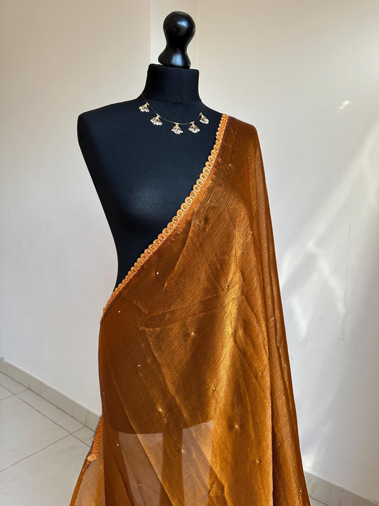 Dual toned rust party designer saree with trim border and contrast floral blouse. Unique statement saree can styled with other blouses