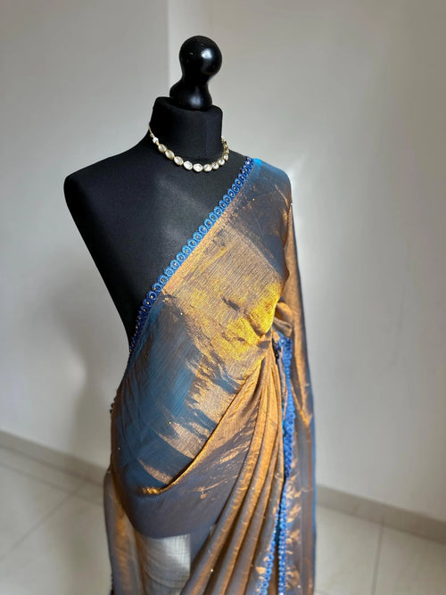 Dual-Tone Gold Chiffon Saree with Blue Trim Border