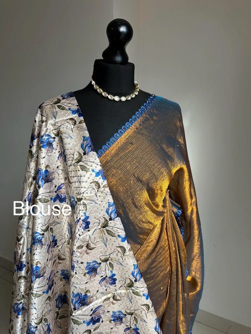 Dual-Tone Gold Chiffon Saree with Blue Trim Border