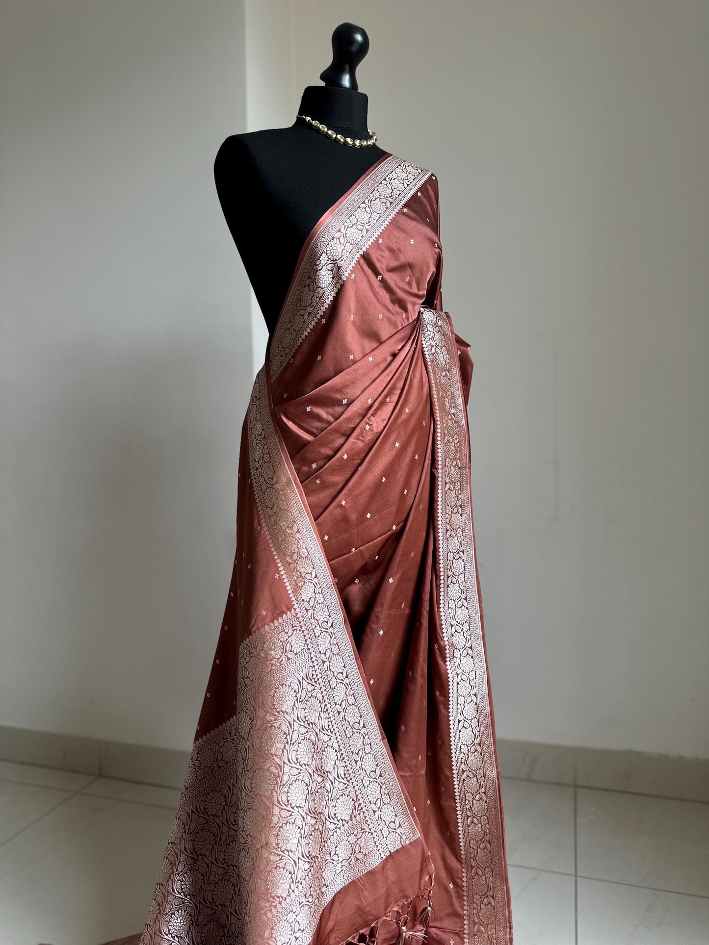 Banarasi katan silk wedding saree in chocolate brown, with champagne gold Zari