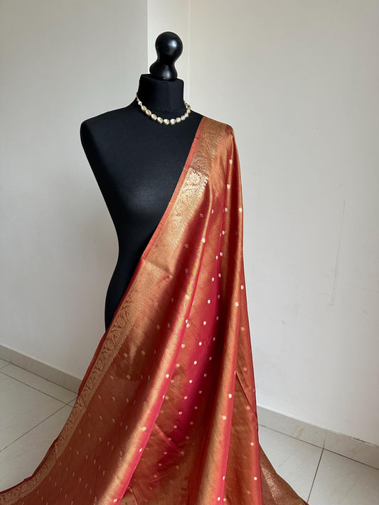 Rust red and Gold Tissue Saree: Soft to drape with zari border and buta, Unstitched brocade Blouse, Wedding Events
