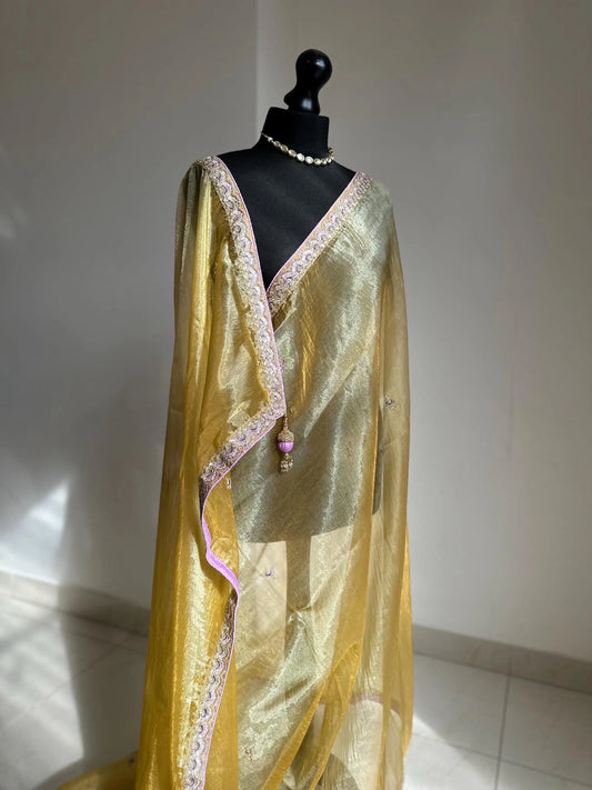 Handmade Yellow Gold Tissue Saree with lilac border. Soft Drape, Unstitched Blouse LaiLai Sarees