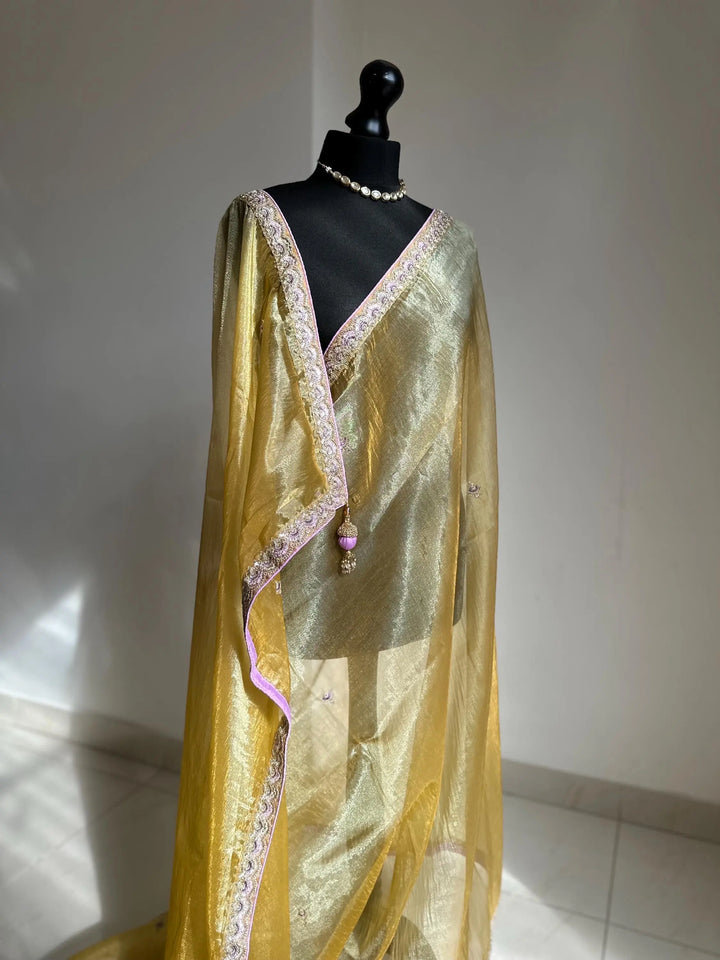 Handmade Yellow Gold Tissue Saree with lilac border. Soft Drape, Unstitched Blouse LaiLai Sarees