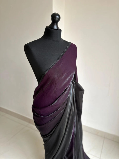 Ready-Pleated Black and Purple Saree with Stonework Border