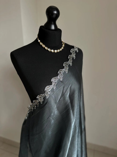 Steel Blue Chiffon Saree with Embellished Leaf Border