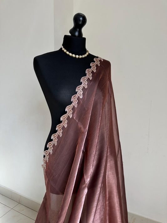 Chestnut brown party Saree with embellished Leaf Border | Elegant Party Wear Saree | Minimal Designer Saree | Soft glass chiffon Silk Drape