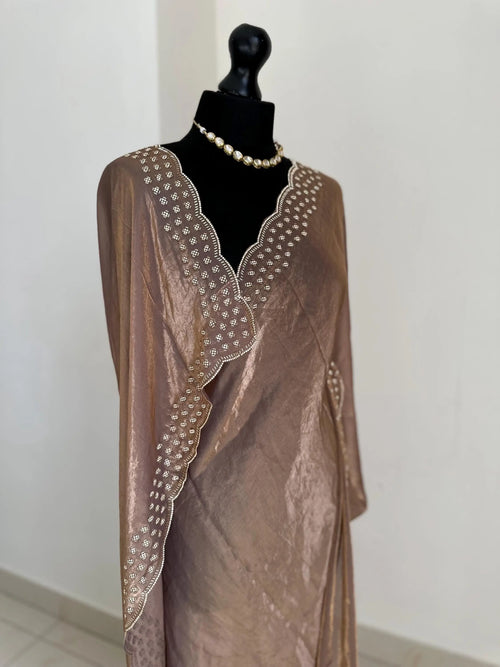 Copper Brown Chiffon Saree with Scalloped Border