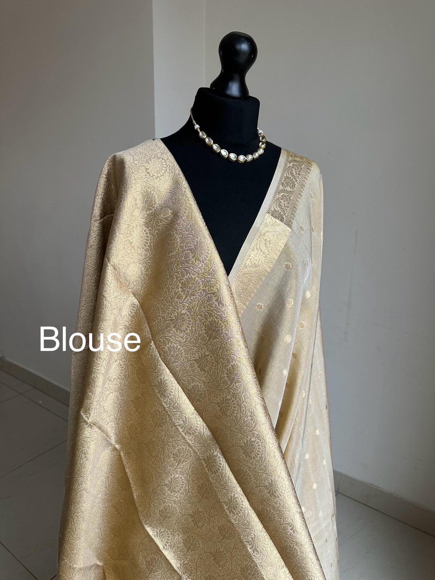 Gold semi tissue silk saree. Cream & gold buti, Unstitched brocade blouse. Designer saree