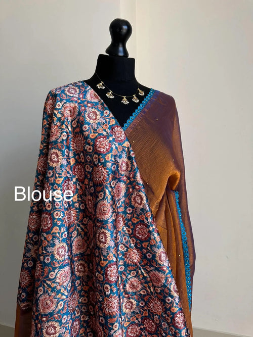 Dual-Tone Rust Chiffon Saree with Blue Trim Border
