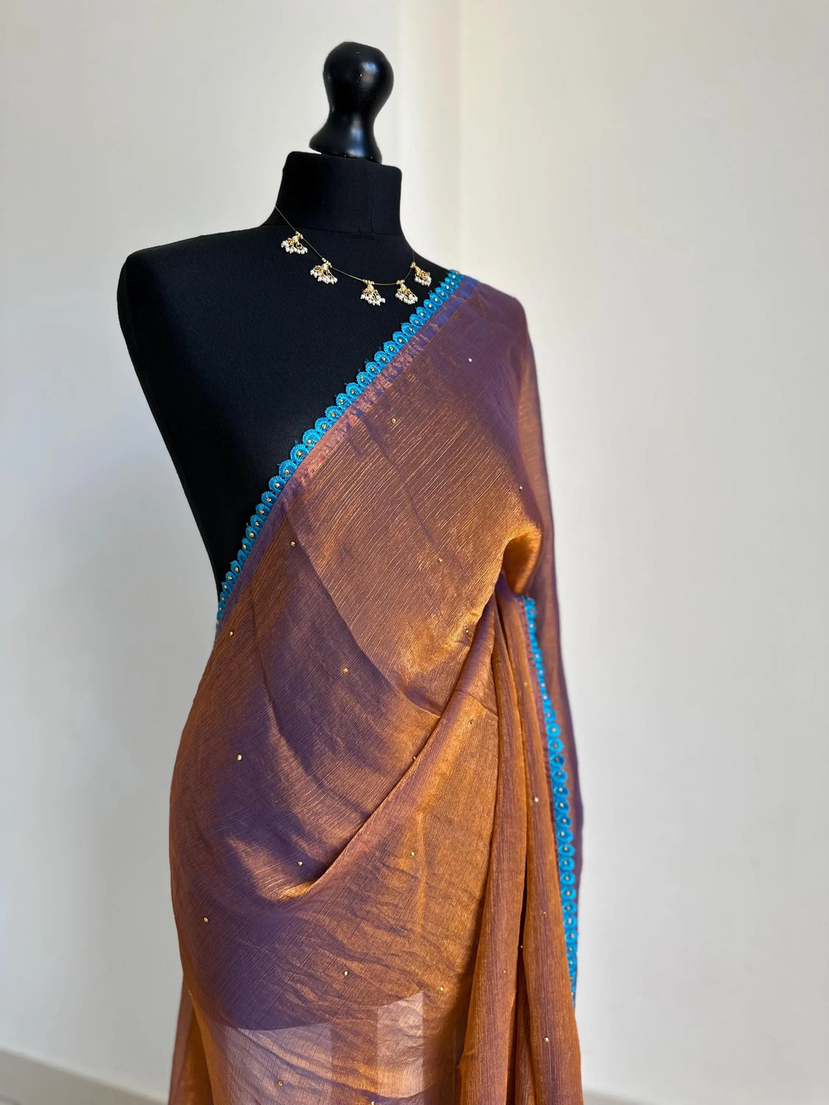 Dual-Tone Rust Chiffon Saree with Blue Trim Border