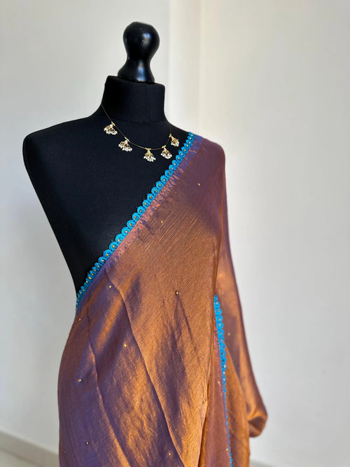 Dual-Tone Rust Chiffon Saree with Blue Trim Border