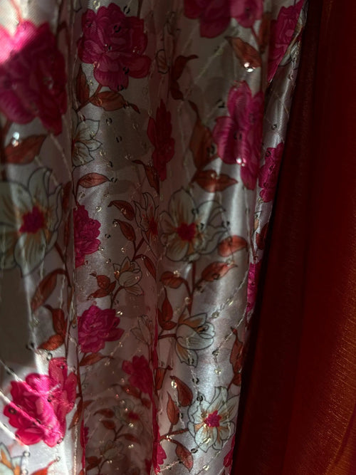 Dual-Tone Coral Chiffon Saree with Pink Trim Border