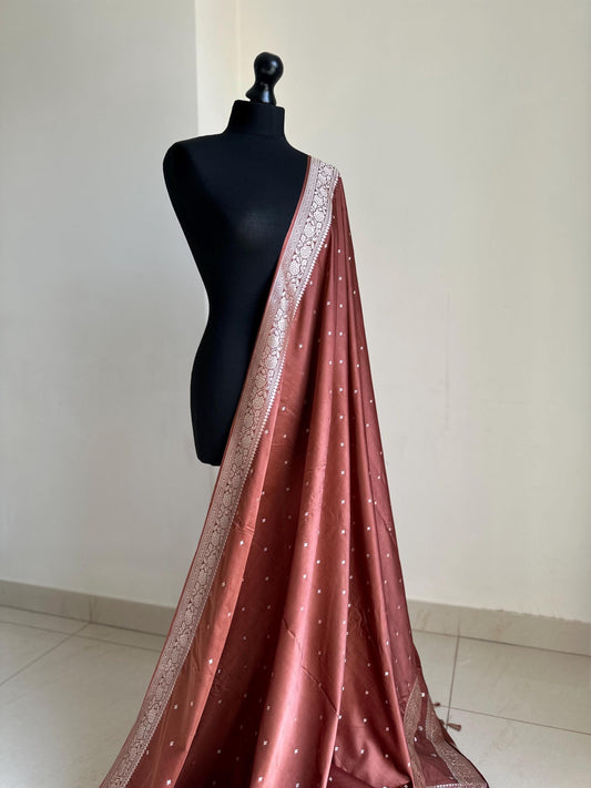 Banarasi katan silk wedding saree in chocolate brown, with champagne gold Zari