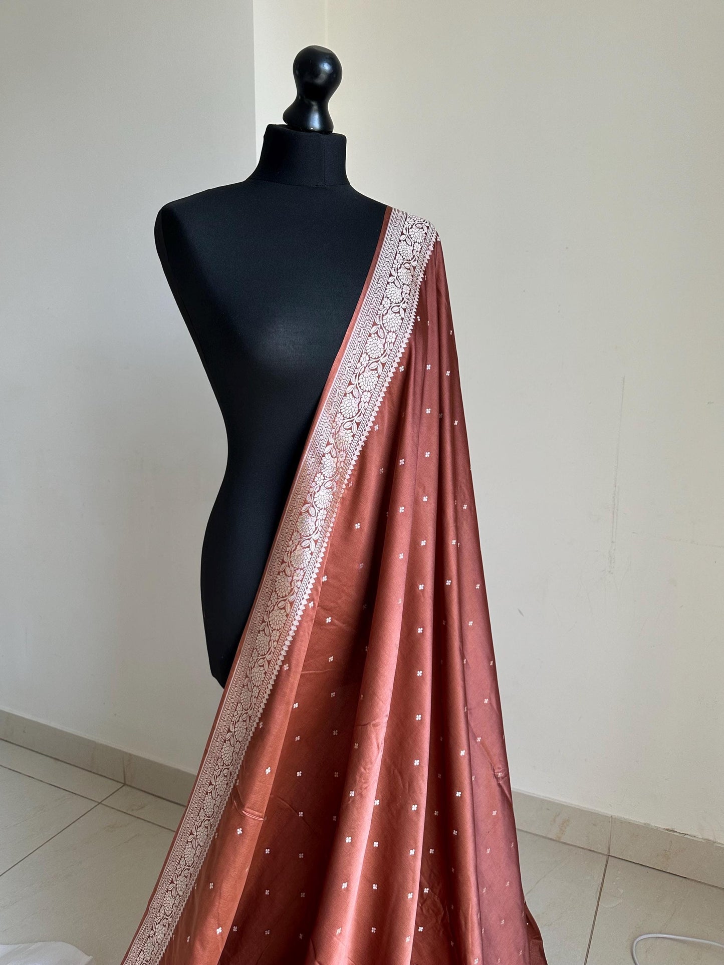Banarasi katan silk wedding saree in chocolate brown, with champagne gold Zari